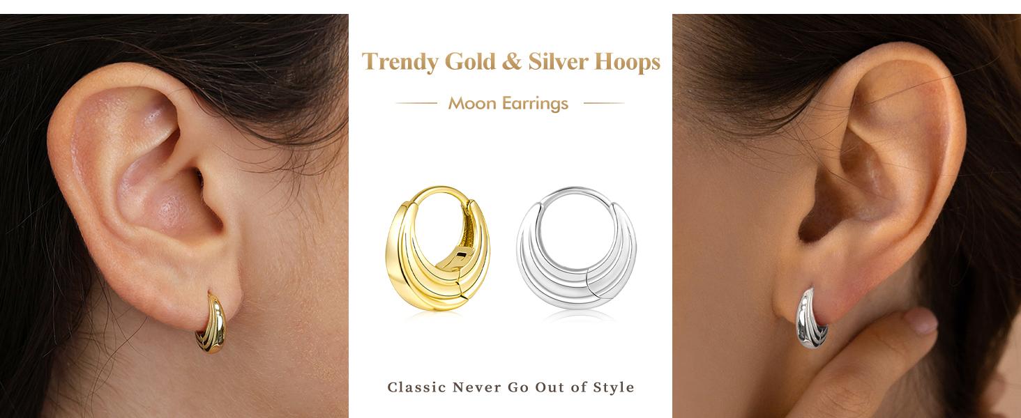 Small Sterling Silver Huggie Hoop Earrings Set for Women, Hypoallergenic 14K Gold Plated Hoops Stacks for Multiple Piercings, Dainty Cute Mini Lightweight