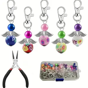 180 count DIY Angel Pendant Keychains Kit Includes Alloy Wing Spacer Imitated Bead Pendant Lobster Buckle Claw Clasps and Pliers  Making Supplies Repair Tools Kit for Women Adults ( Beads)