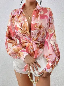 Women's Floral Print Woven Button Down Shirt Tie Front Cropped Design Puff Sleeve Collared Neck Casual Blouse Trendy Boho Bohemian Style Perfect for Beach Vacation Weekend Brunch Daily