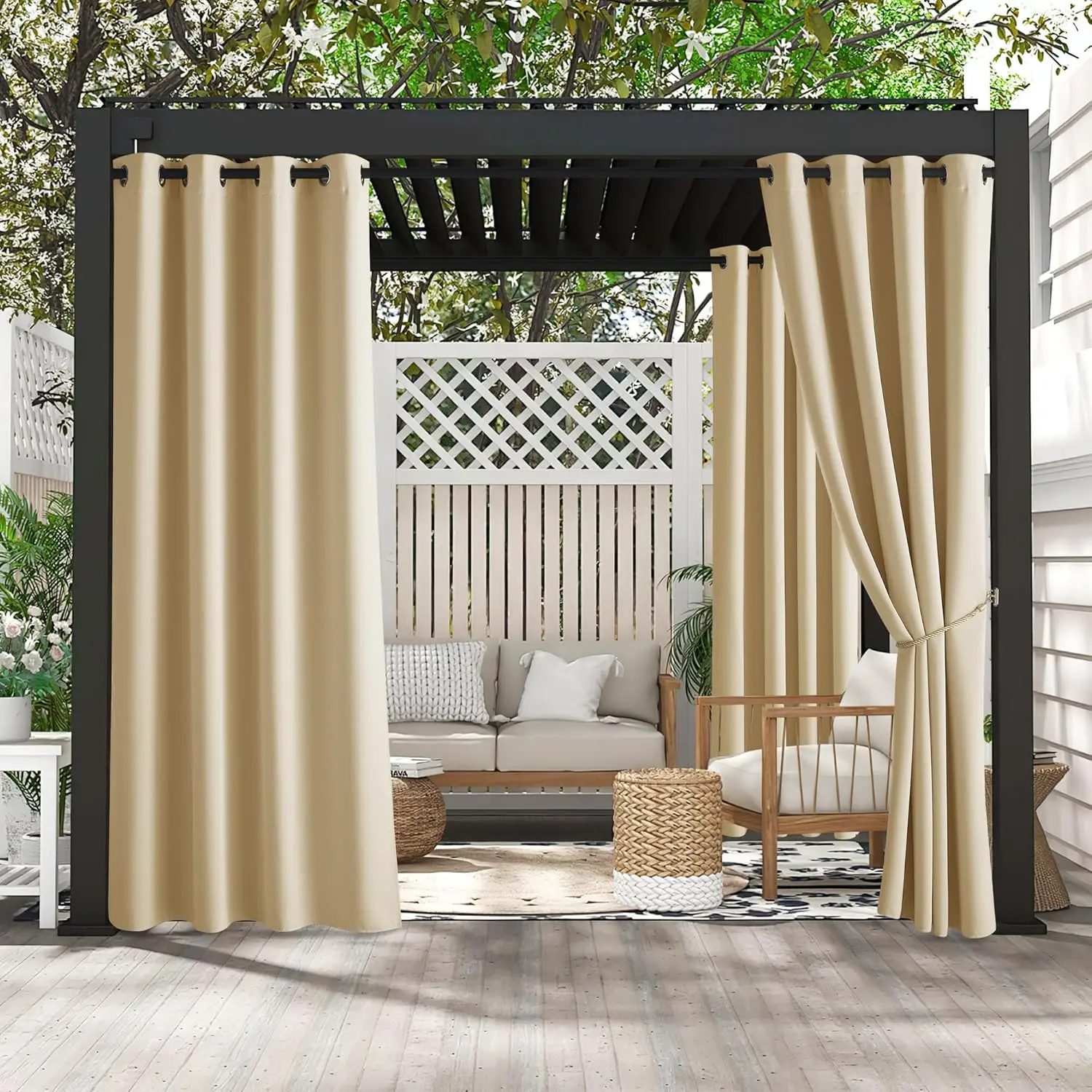 2 Panels Fade Resistant Curtains for Waterproof Block Sunlight Thermal Privacy Thick Outside Curtains for Porch, Gazebo, Pergola, W52 x L84, Biscotti Beige