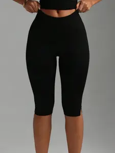 Spring Chic Solid Black High Rise High Waist Knee Length Split Hem Leggings Slim Fit Stretch Bottoms With Side Ankle Slit For Daily Street Shopping Coffee Casual Errands For Young Ladies