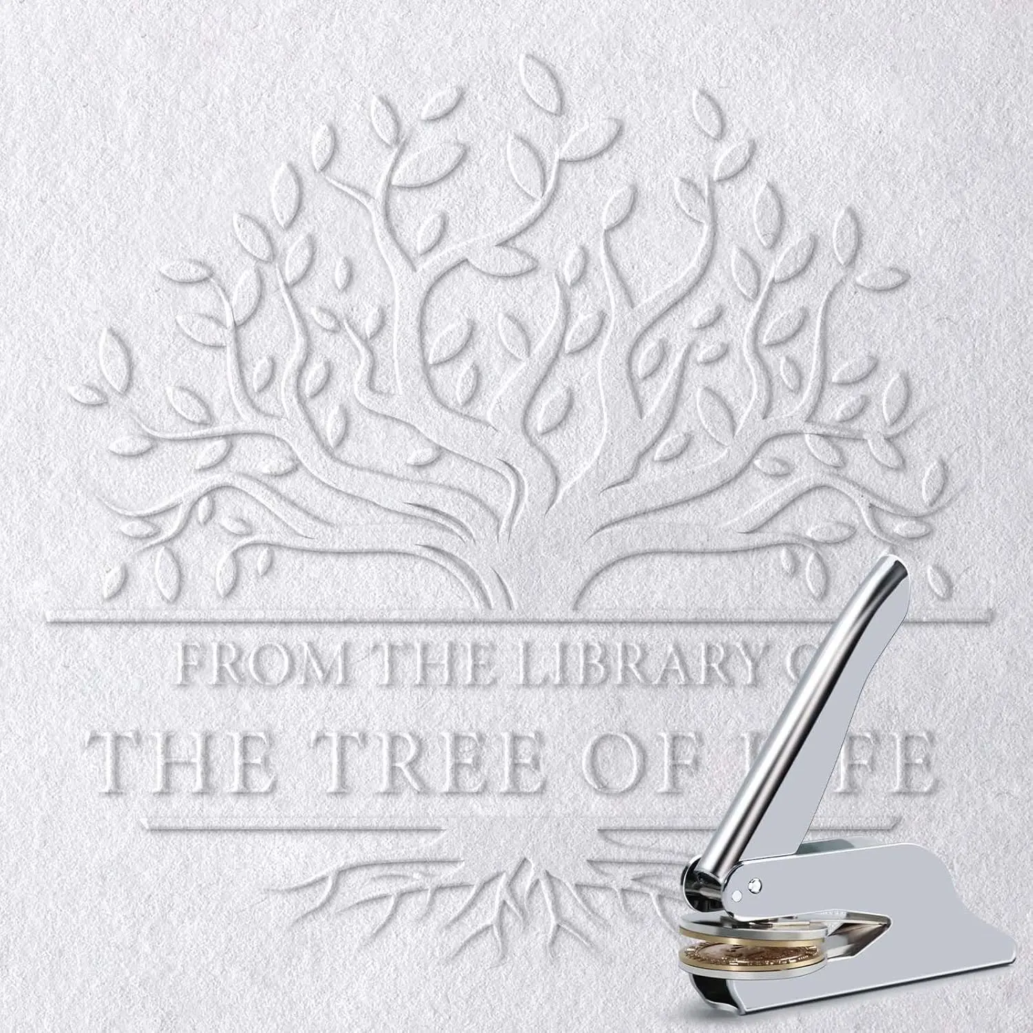 Silver Book Embosser Kit for Wedding Invitations, Journals Decor, Library Embosser Stamp Tool with Storage Box & 10 Pcs Gold Stickers, Gift for Book Lovers(Tree of Life)