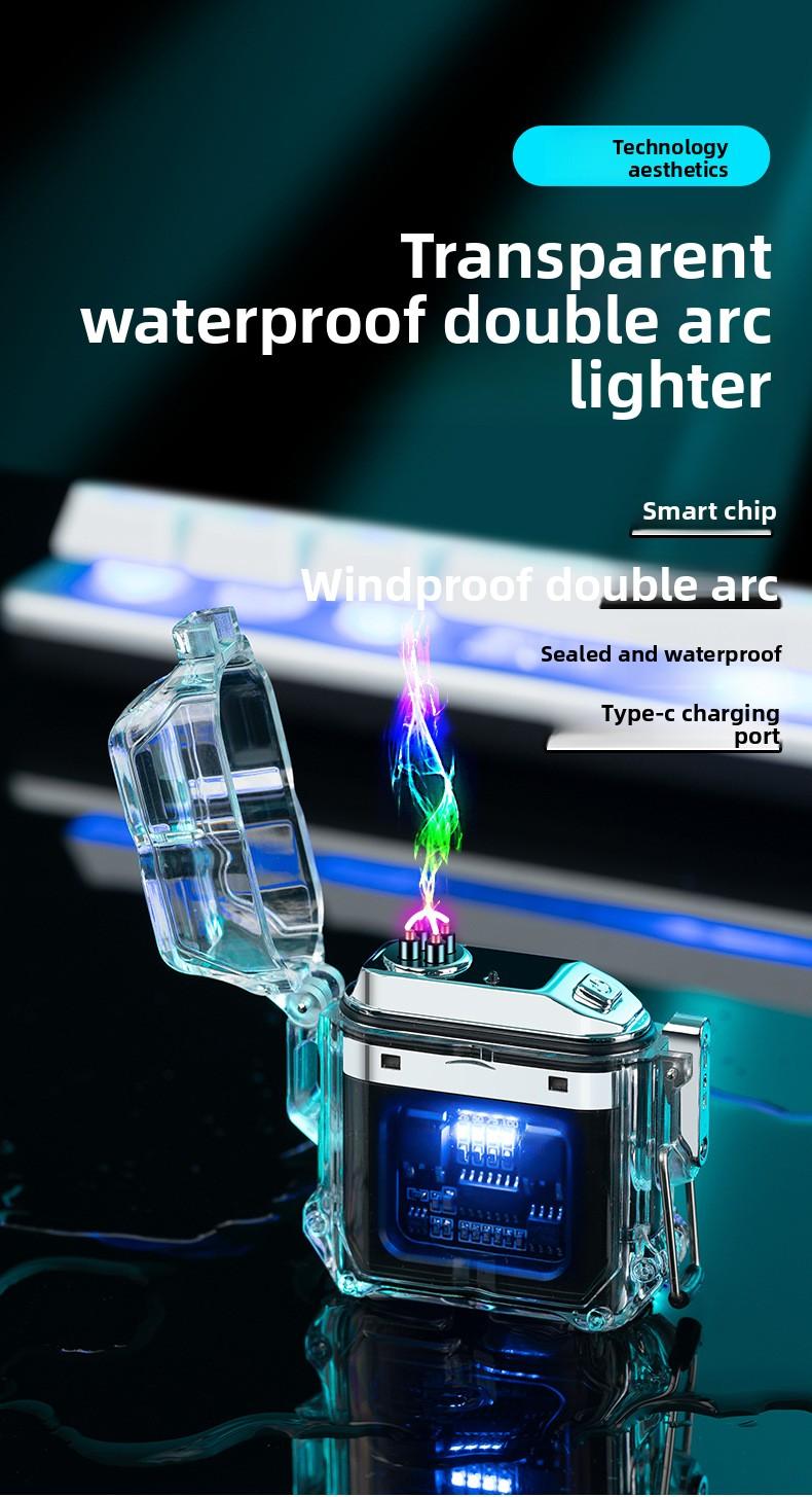 Transparent shell waterproof electronic pulse lighter, outdoor windproof lighter, waterproof dual arc lighter
