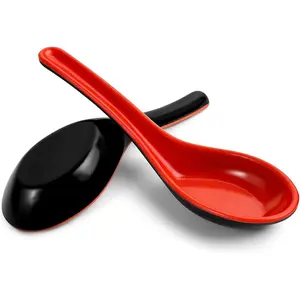 Red and Black Melamine Soup Spoons for Chinese Japanese Wonton Miso Ramen Dumpling Pho Rice Noodle Soba, Pack of 2