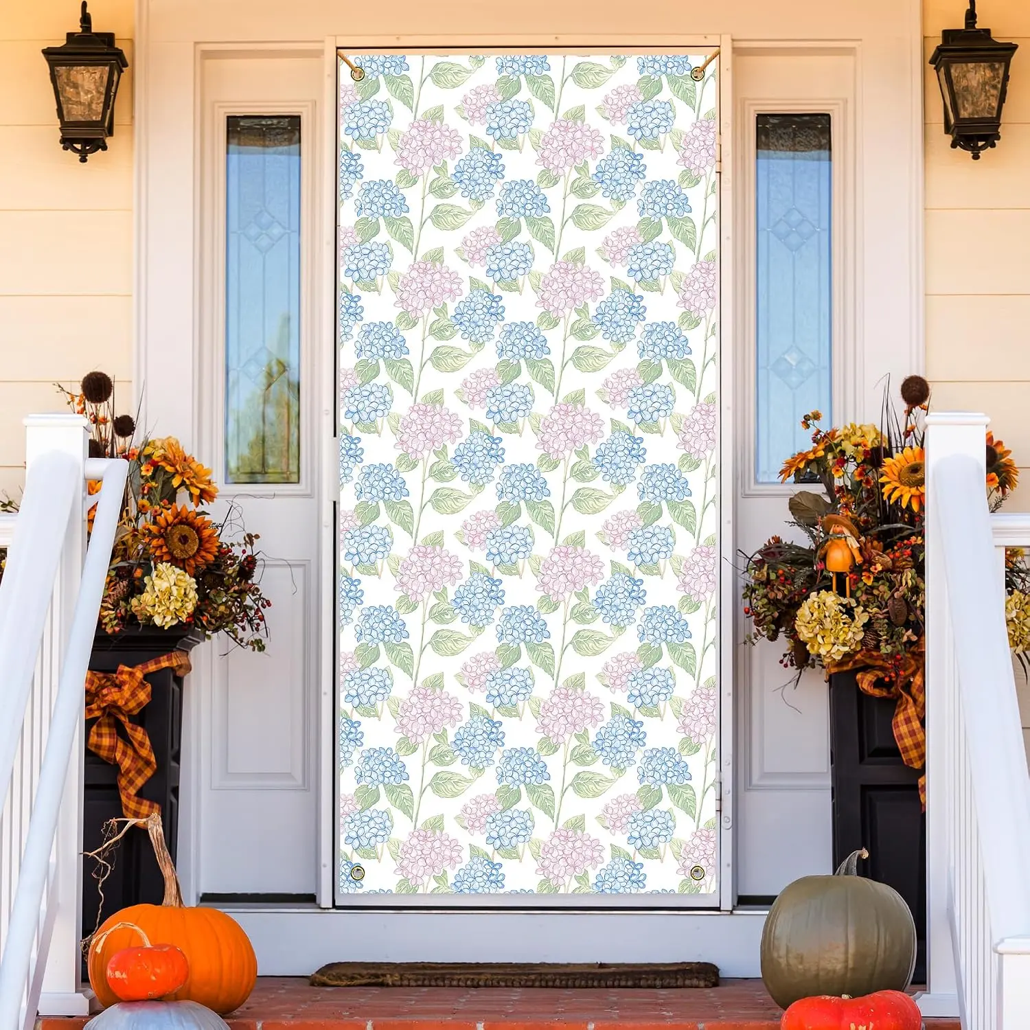 Grandmillennial  and Blue Hydrangea Floral Door Cover Decoration 35*79 in, Cottagecore Flower Door Curtains Banners Backdrop Background Doorway Decor for Indoor Outdoor Party Decorations