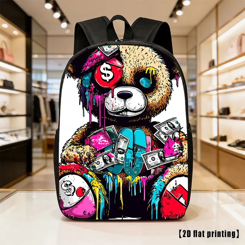 Bear Graffiti Lightweight Large-Capacity Unisex Backpack - 17-inch Lightweight Sports-Themed Schoolbag/Laptop Backpack with Adjustable Shoulder Straps and Zipper Closure, Suitable for Teenagers, Combining Practicality and Style - Spacious backpack with zi