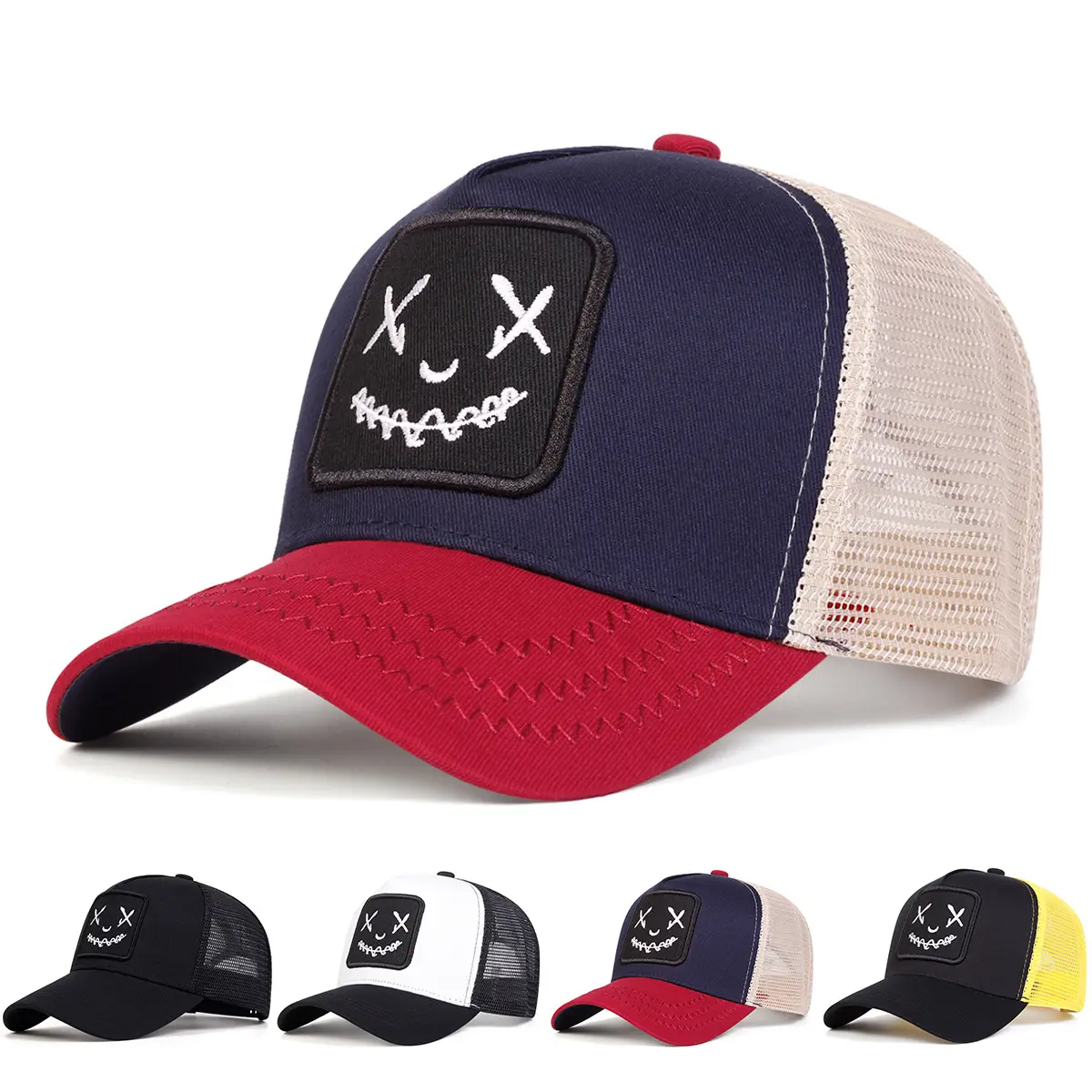 New XX Smiley Face Embroidered Mesh Baseball Cap, All Season Versatile American Style Duckbill Hat, Breathable Sun Hat for Men Women