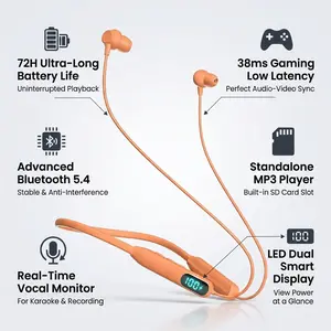 72H Battery Life Wireless Neckband Earphones Bluetooth 5.4 Low Latency Gaming Headset LED Display Sports Running Earbuds with SD Card Slot Vocal Monitor