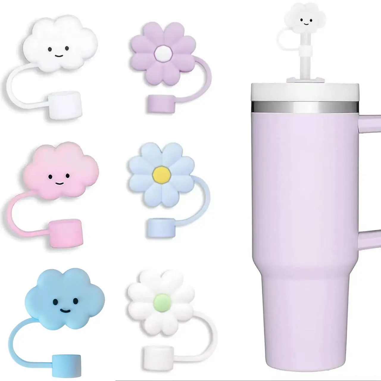 10mm Straw Cover Set, 6pcs Food-Grade Silicone Caps for Stanley Cups, 40oz & 30oz Sizes, Cute Cloud Design Straws Protectors, Drink Protectors
