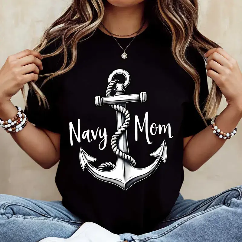 Women's Anchor Print T-Shirt with Navy Mom Graphic, Casual 100% Cotton Short Sleeve Comfortable Round Neck Top, Shortsleeve, Simple, Fitness, Soft
