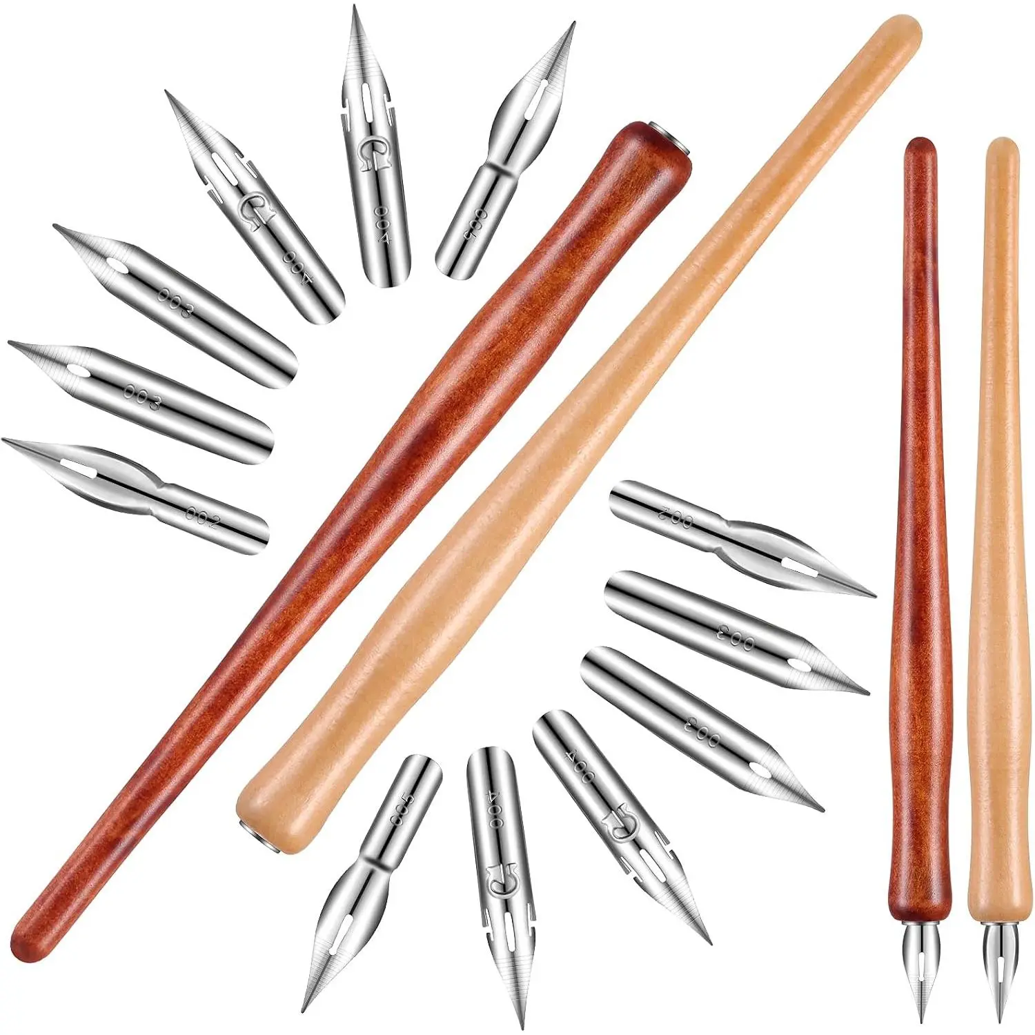 14 count Dip Pen Nibs Holders with Comic Calligraphy Wooden Drawing Pen Holder with Stainless Steel Nib for Writing Painting Signing Present