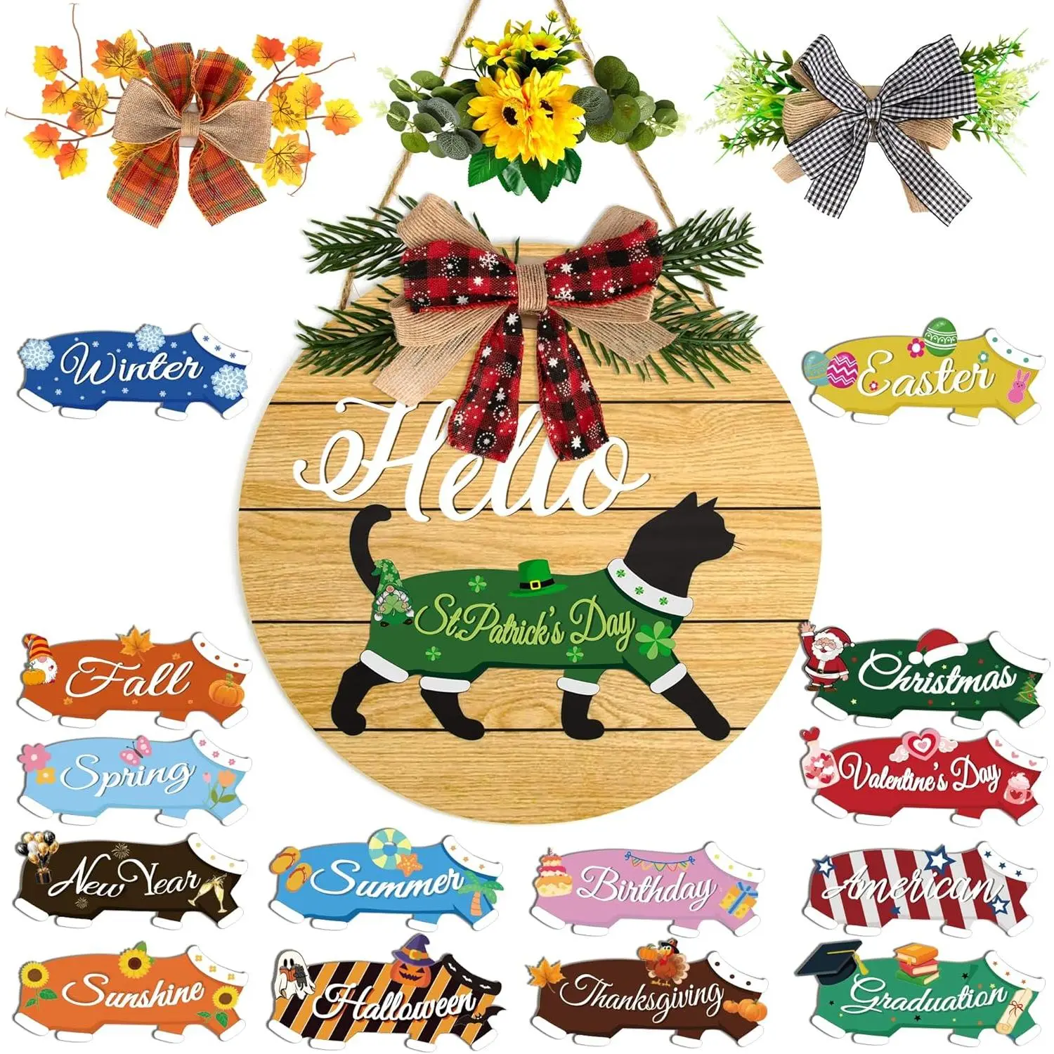 19pcs Interchangeable Welcome Sign Black Cat - Interchangeable Holiday Cat Decor Door Hanger, Upgraded Strong Magnet Extra Secure Fit, Seasonal Welcome Cat Wreaths Decoration for Front Door