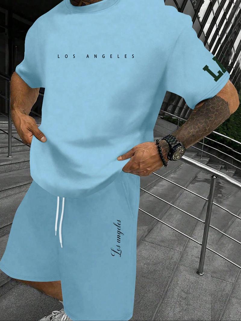 Two-Piece Set Men's Letter Print Short Sleeve Tee & Shorts Set, Regular Fit Casual Round Neck T-shirt & Track Shorts, Men's Summer Clothes