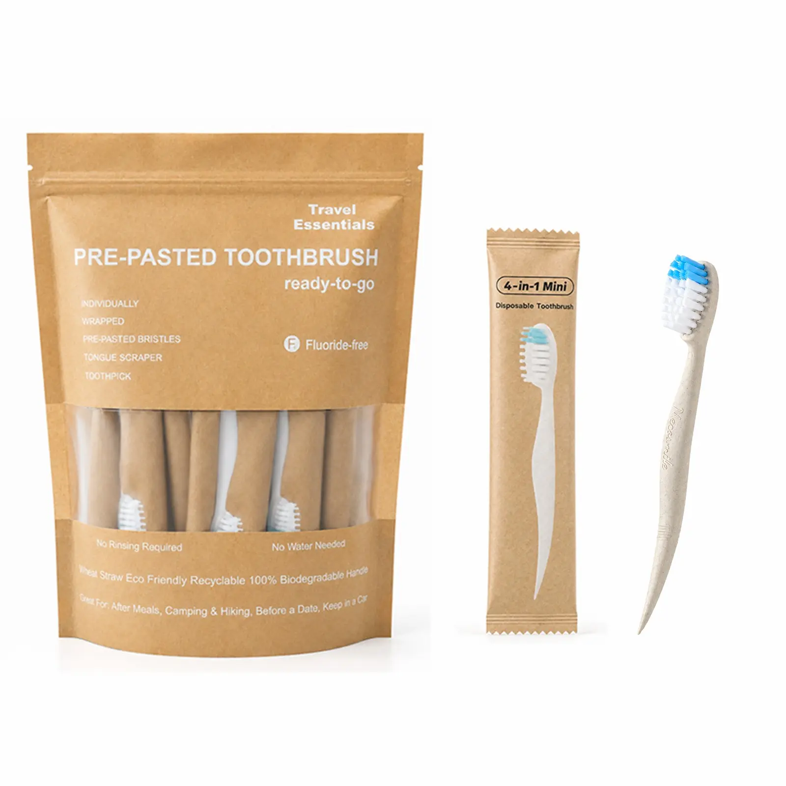 Pre-pasted disposable wheat straw toothbrushes, 26 individually wrapped, waterless & ready-to-use. Soft bristle 4-in-1 design with tongue cleaner and toothpick. Ideal for travel, camping and on-the-go use.