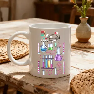 11oz White Mug, Science Laboratory Theme, Chemistry Beakers And Test Tubes Pattern, For Students And Teachers, Ideal Gift For Science Lovers