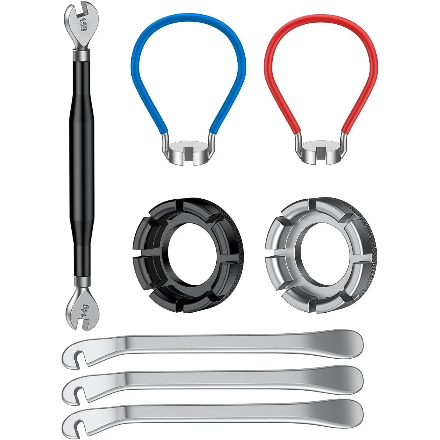 Bicycle spoke wrench tool set, bicycle rim correction and repair tool set, includes tire lever, professional bicycle rim correction and spoke adjustment repair tool set