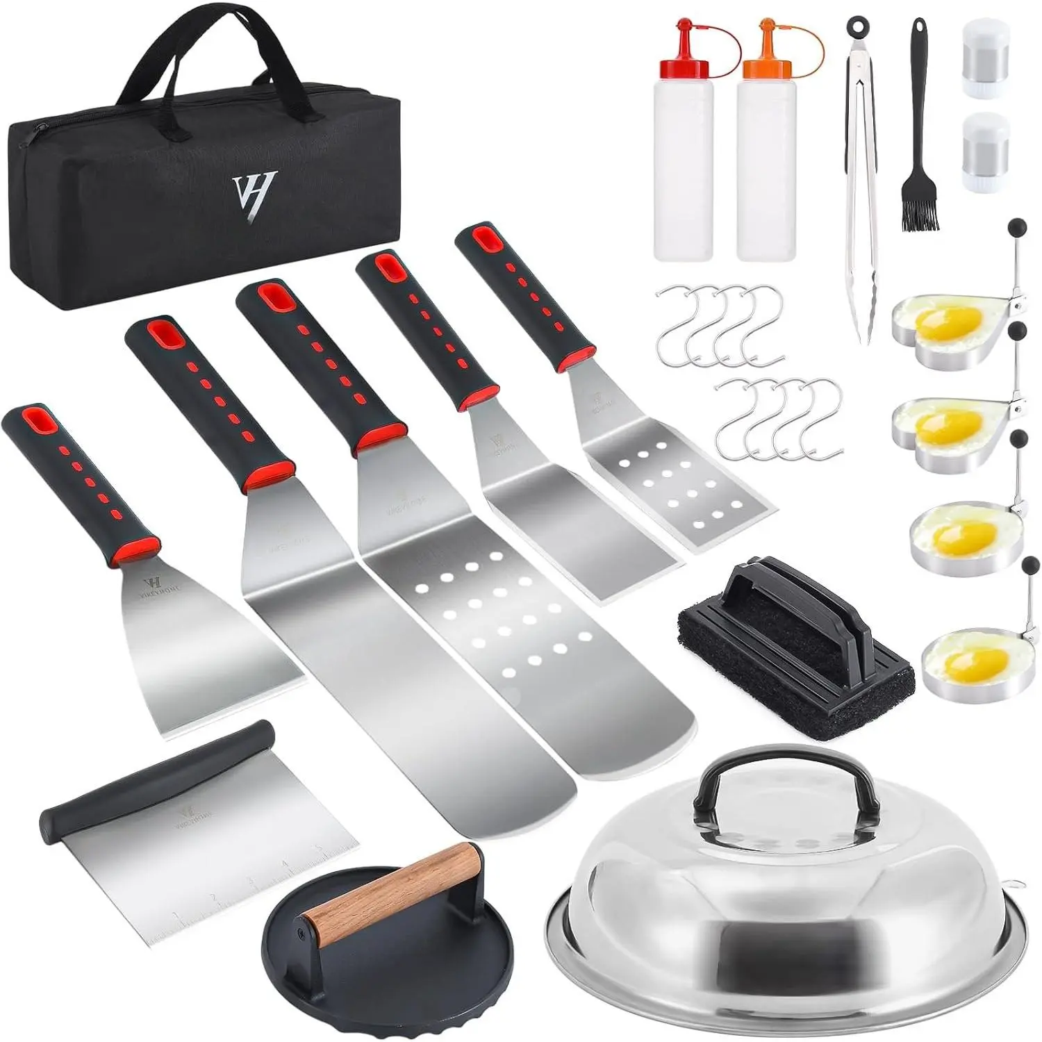 Griddle Accessories Kit, 28 count Flat Top Grill Accessories Set for , Professional Grill BBQ Spatula Set with Basting Cover, Spatula, Scraper, Bottle, Tongs, Egg Ring