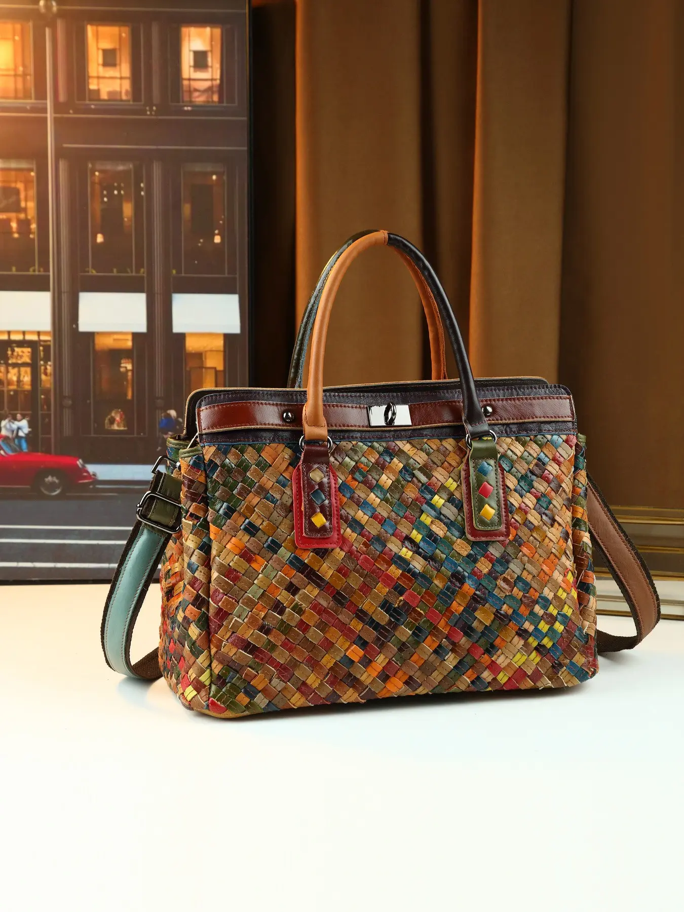 Luxury Handwoven Leather Tote Bag, Multi-Color First Layer Cowhide, Vintage Patchwork, Handcrafted, High Distinctiveness, Fashionable Unique Bags