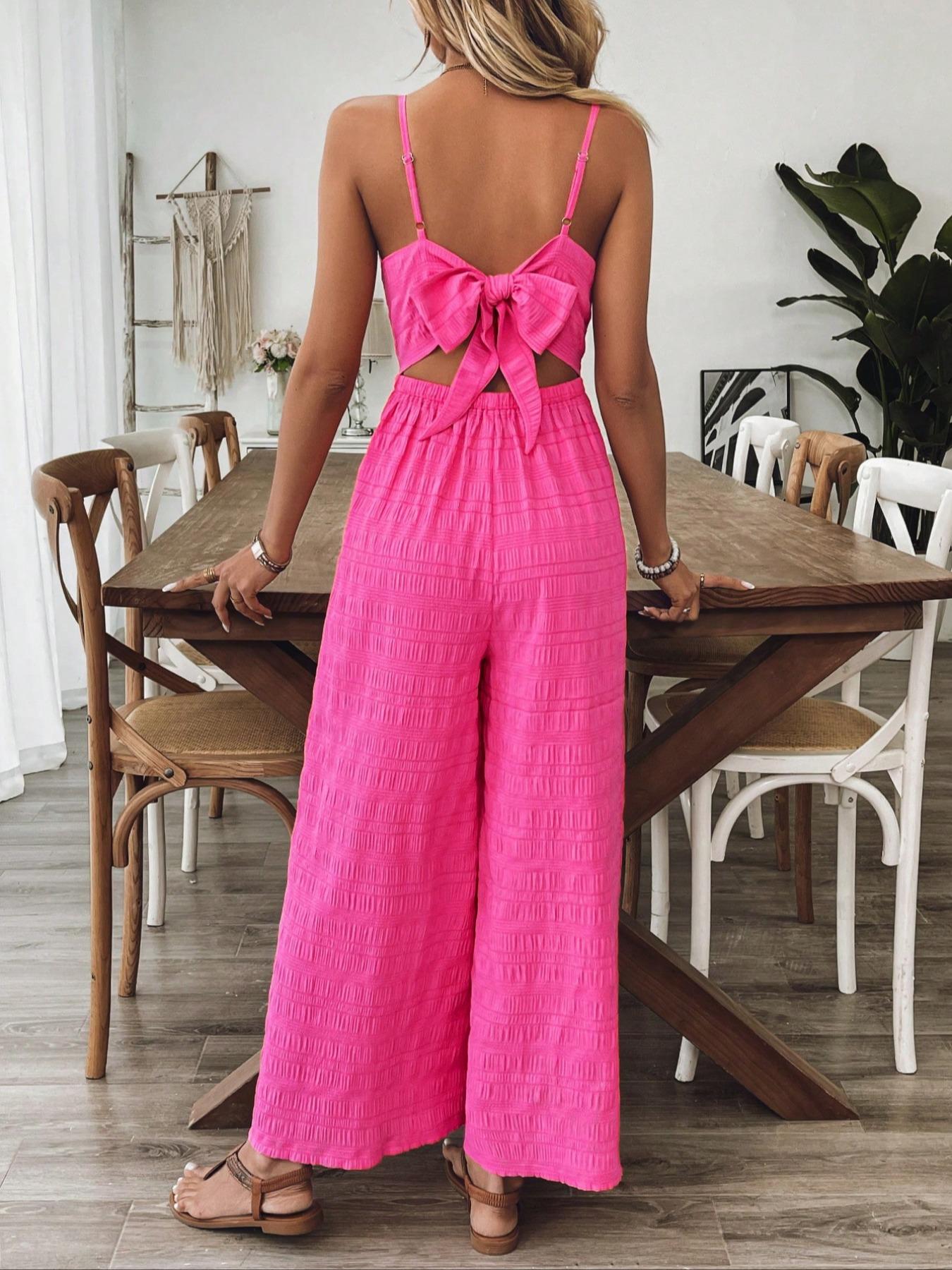 Women's Plain Bow Decor Jumpsuit, 1 Count Casual Sleeveless Cami Jumpsuit for Daily Wear, Ladies Clothes for All Seasons