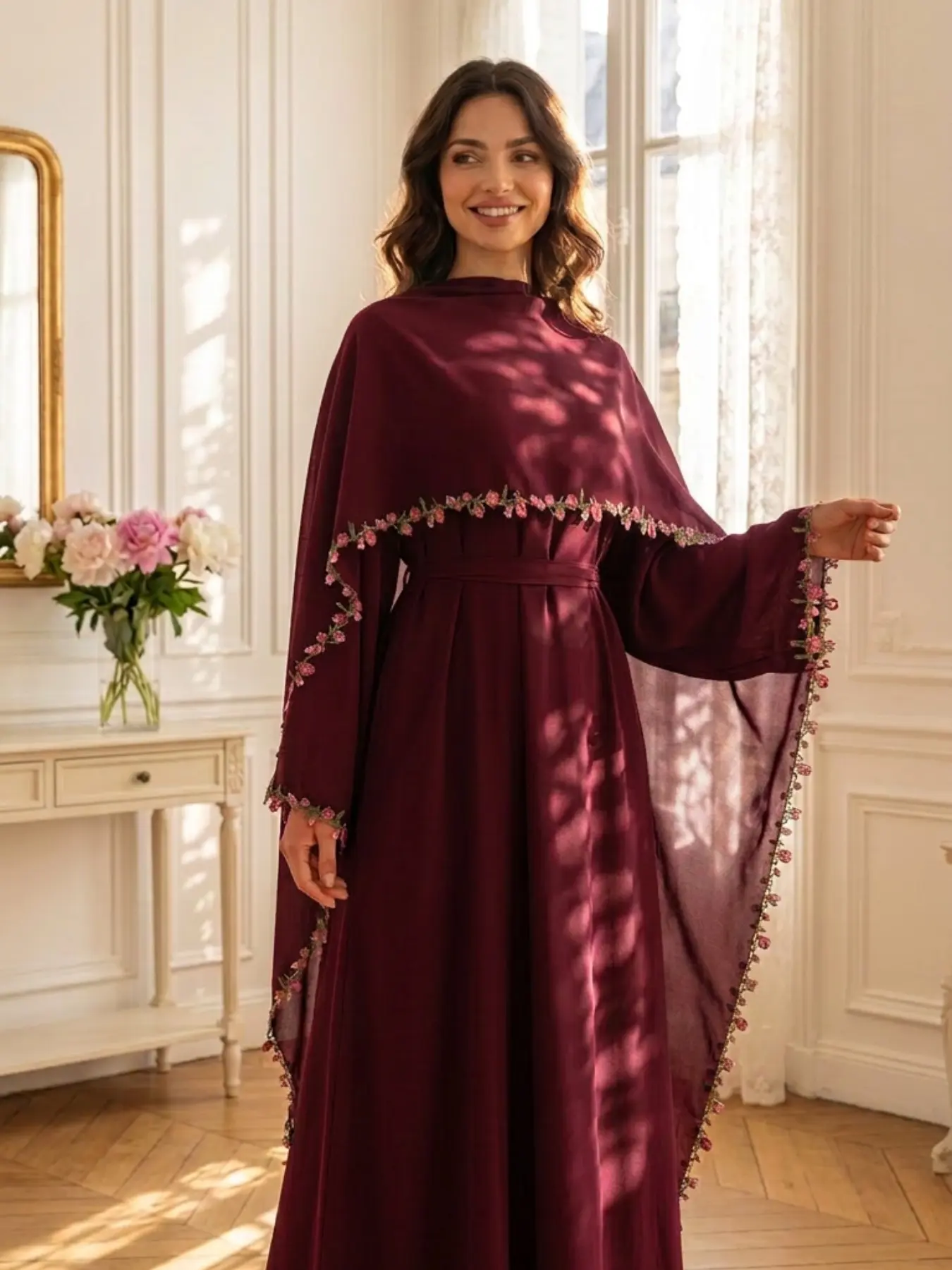 New Muslim Women's Multi-Color Lace Trimmed Abaya Dress, Elegant Fitted Long Dress with Headscarf, Spring & Fall Party Gown