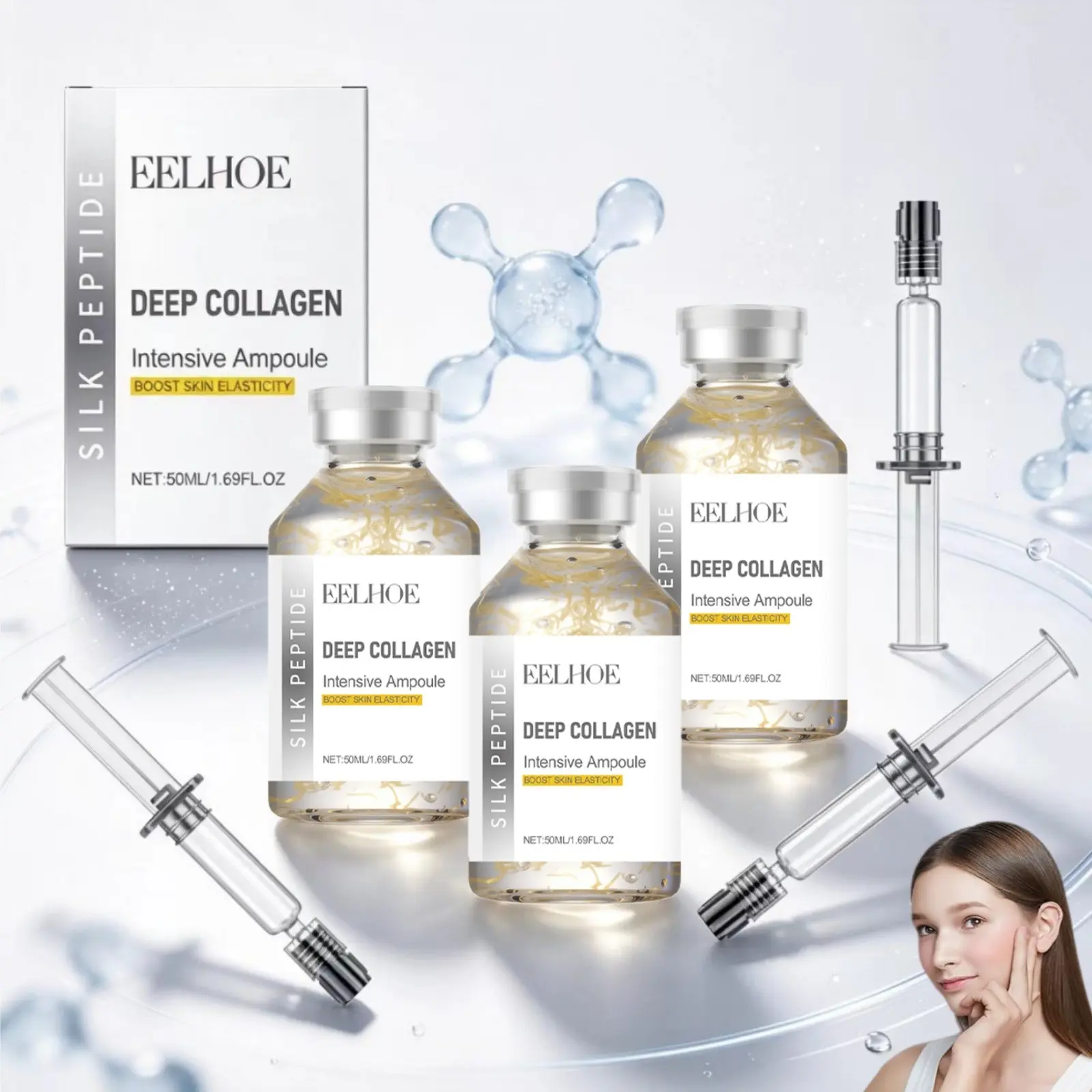 Silk Peptide Intensive Ampoule Set（3 Pcs）, Deep Collagen Lifting Serum, Hydrating & Smoothing, Lightweight Daily Skincare Essence