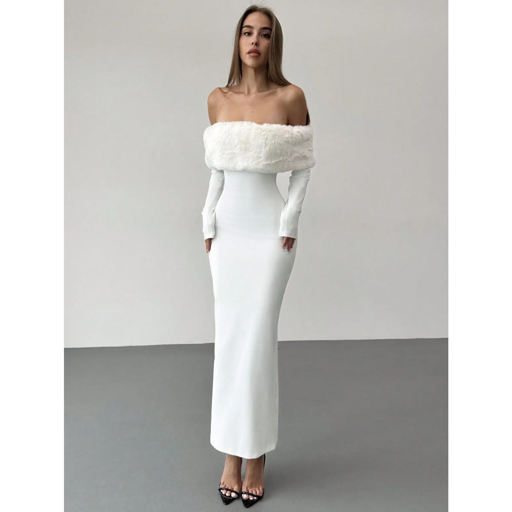 Luxury White Autumn Elegant Formal Off-Shoulder Furry Bodycon Long Sleeve Maxi Evening Dress For Women Winter Wedding Alluring Glamorous