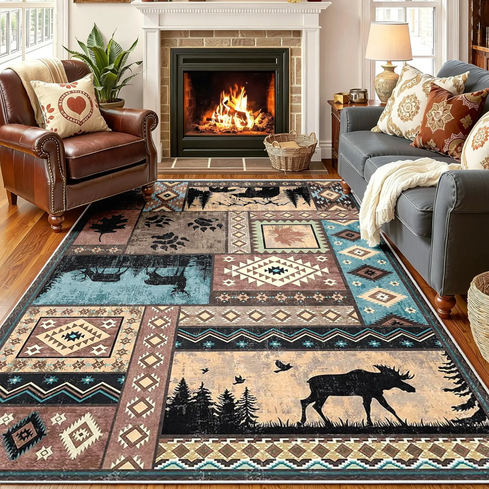 Rustic Lake Lodge Area Rug, Scenic Teal Water Reflection & Wilderness Moose Silhouette Patchwork, Non-Slip Washable Carpet, Soft Durable Floor Mat, Aesthetic Rugs for Living Room Cabin Decor, 8 x 10 ft Area Rugs