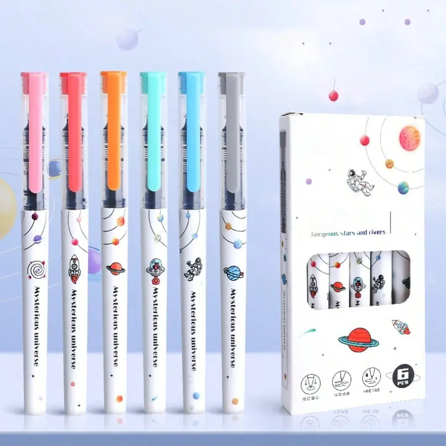 6pcs/Set Black Liquid Rollerball Pens & Quick-Drying Gel Pens, 0.5mm Fine Tip, Smooth Writing, Suitable For Office, Classroom, Home, Exams, Gel Pen & Ballpoint Pen Set, Holiday Stationery Gift, Back To School Gift