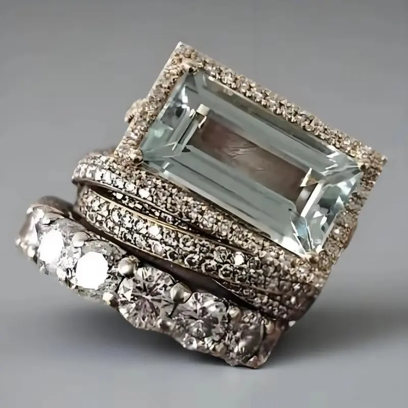 Women's 3-Piece Costume Jewelry Ring Set - Personalized Fresh Style, Creative Large Rectangular Design, Fashionable Luxurious Accessory