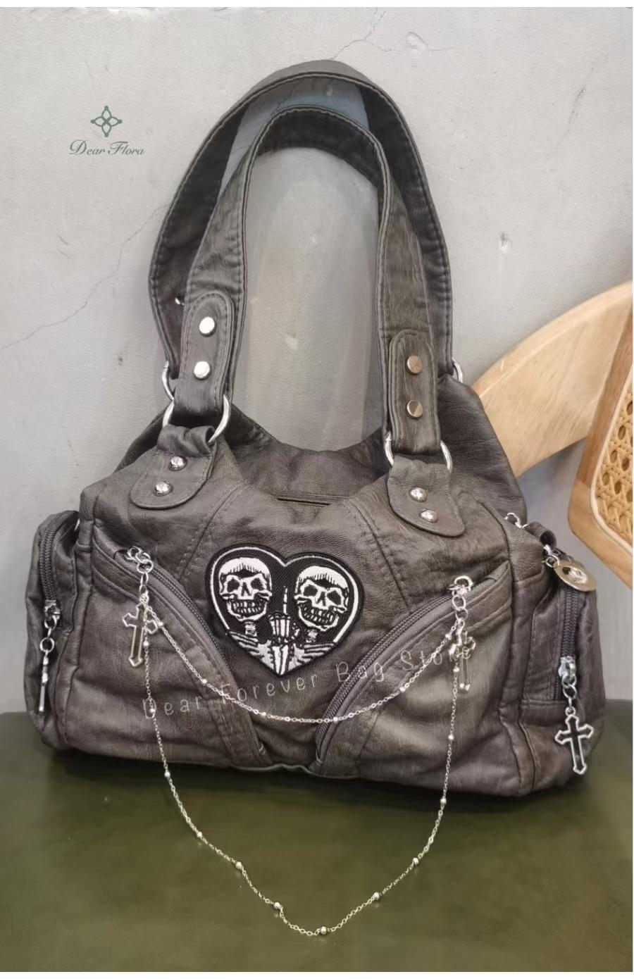 Women's Y2K Vintage Motorcycle Shoulder Bag Fashion Soft PU Chains Multiple Pockets Tote Bags Moto Style Messenger Crossbody Bag