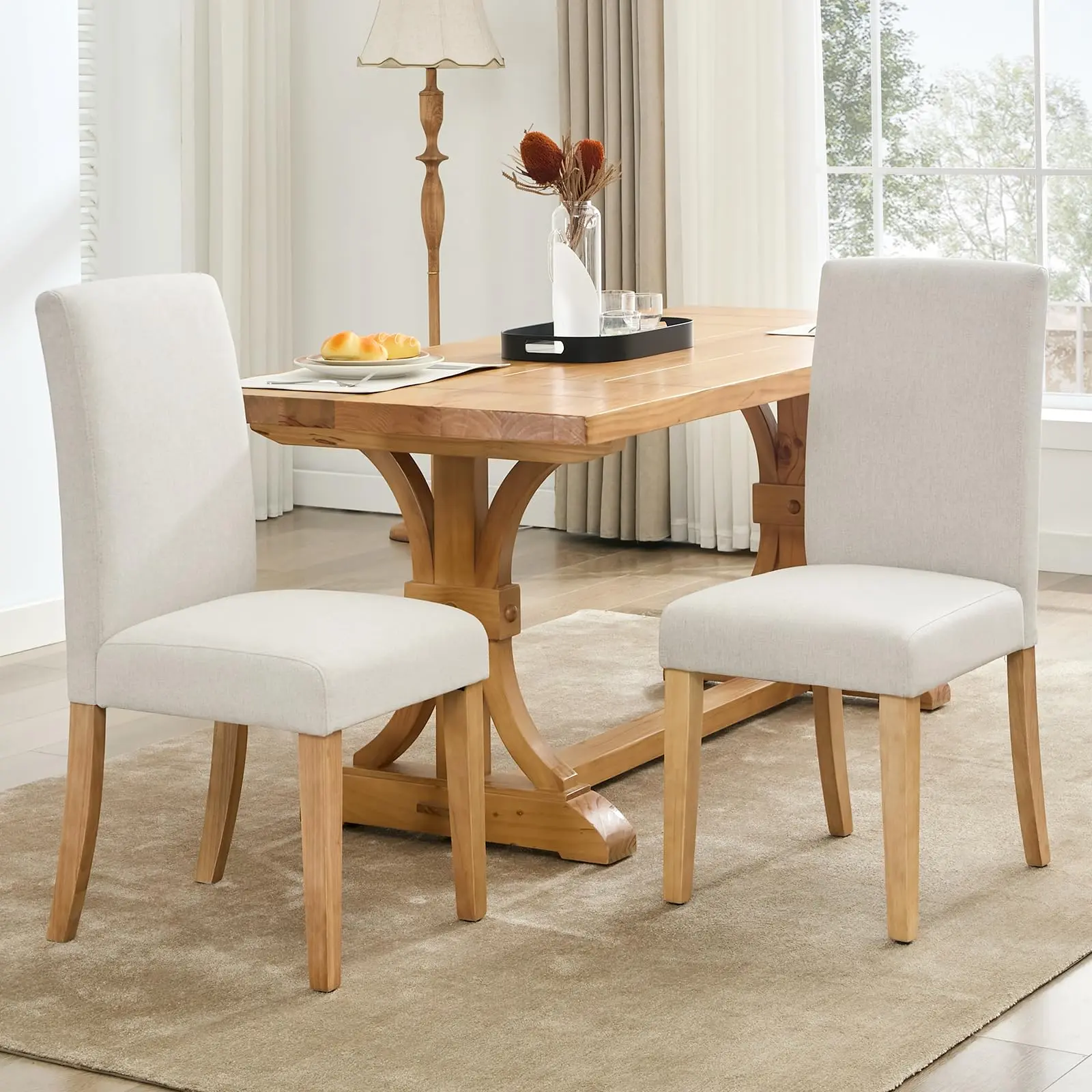 Set of 2 Dining Chairs, Linen Fabric Upholstered with Curved Backrest and Thick Padded Cushion, Solid Wood Legs, Comfortable Seating for Dining Room, Kitchen, Home Office