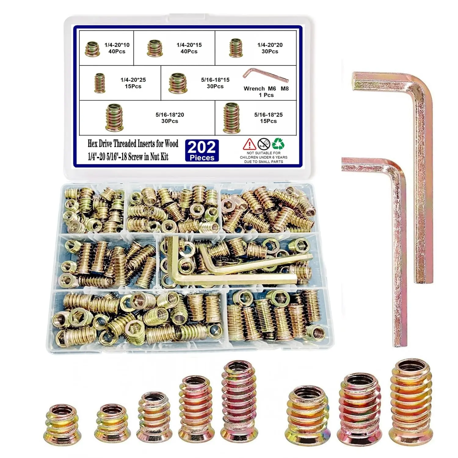200pcs Threaded Inserts for Wood, 1/4"-20 5/16"-18 Screw in Nut Kit, 10 Sizes