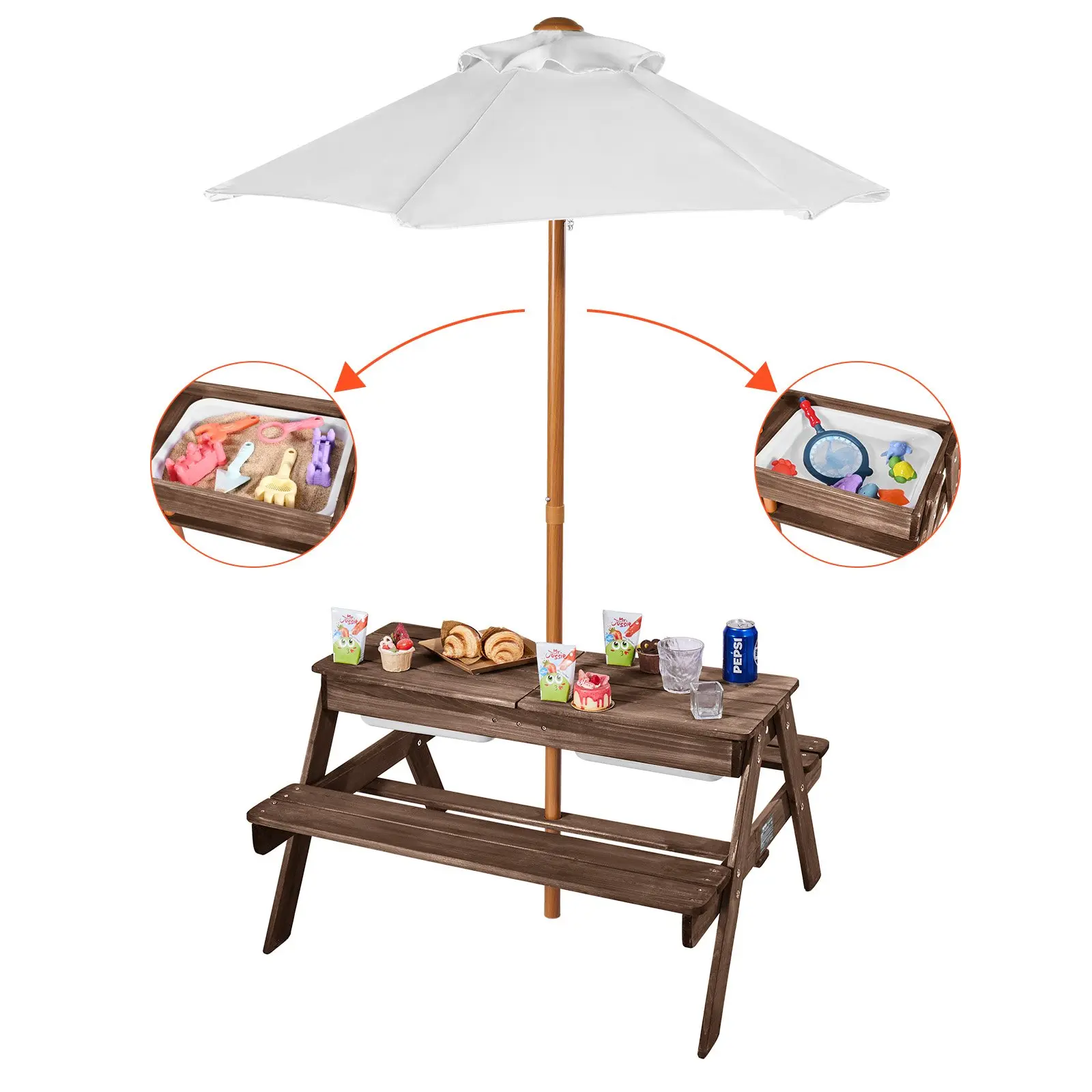 VEVOR Kids Picnic Table with Umbrella, 3-in-1 Sand Water Table, Outdoor Wooden Table and Bench Set with 2 Trays, 4-People Patio Dining Furniture for Garden, Backyard and Porch (Walnut)