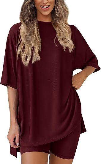Women's 2-Piece Shorts Set Oversized T-Shirt with Side Splits and High Waist Shorts - Comfy Solid Lounge and Workout Outfit, XS-4XL
