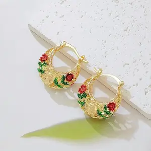Gold Virgin Mary Guadalupe Hoop Earrings, Vintage Enamel Rose Flower Huggie Earrings, 18K Gold Plated Filigree Dangle Jewelry for Women, Religious Fashion Accessory