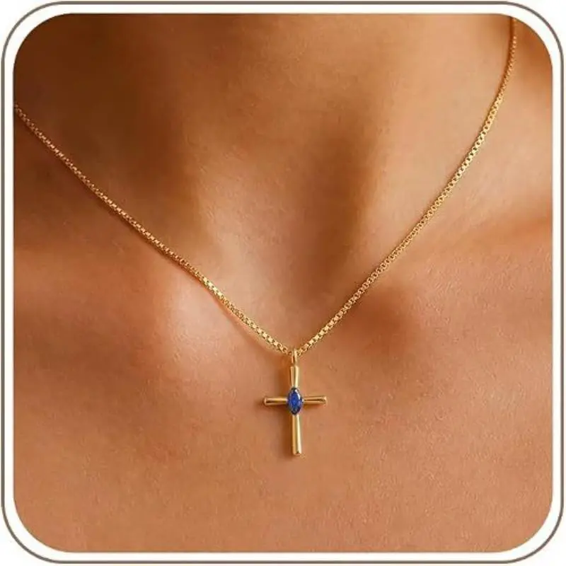 Birthstone Cross Pendant Necklaces - 14K Gold Plated Dainty Christian Jewelry Unisex 12 Month Birthstone Faith Pendant Exquisite Festivals, Birthdays, and Special Occasions Party Holiday Gift