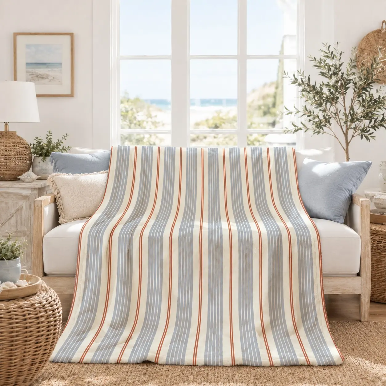 One Vintage Stripe Flannel Blanket, Single Side Print, Soft Comfortable Lightweight Throw, Portable for Sofas, Bedroom Naps & Office Rest Areas, Home Aesthetic Decor & Daily Practical Gift