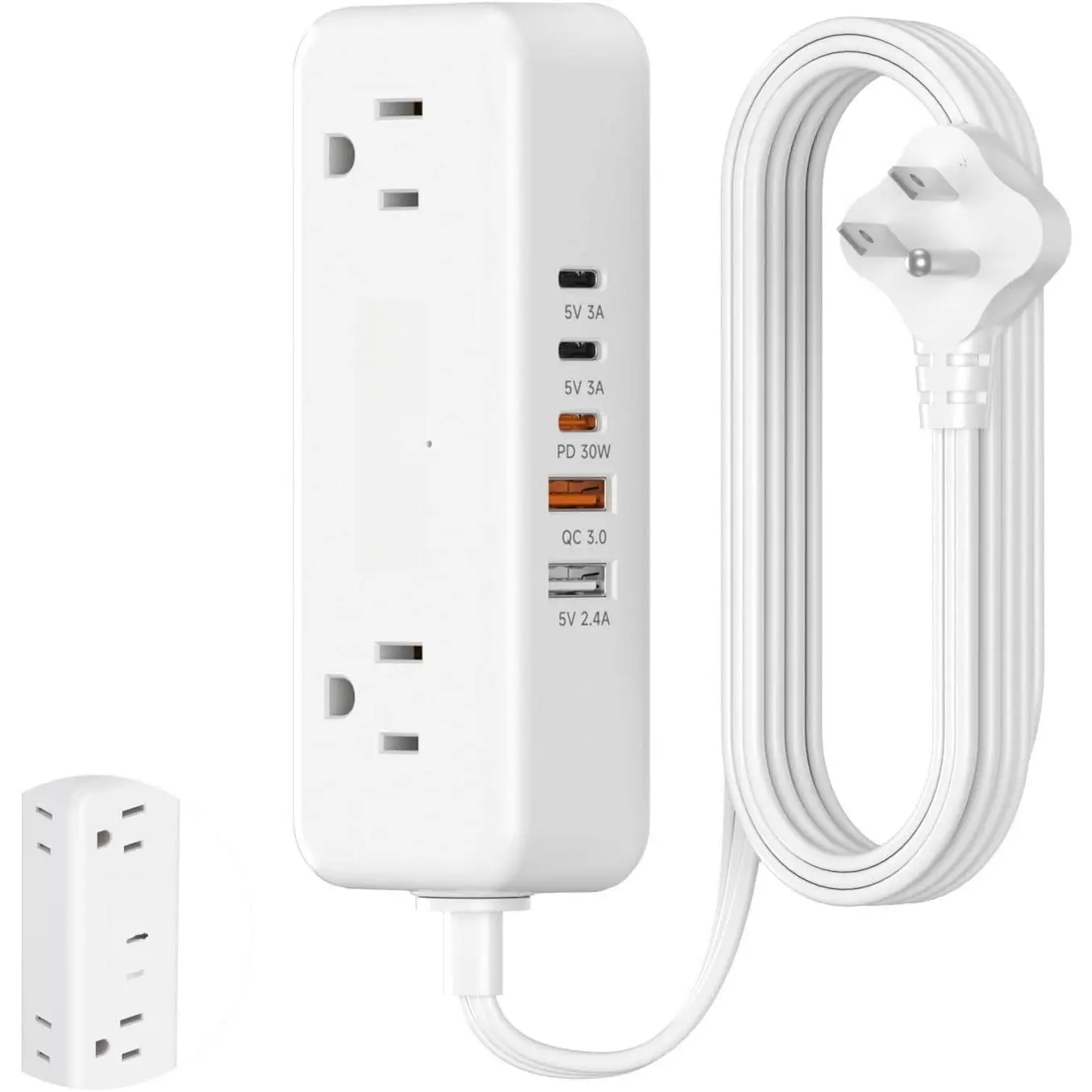 30W 3 USB C Travel Power Strip- 5Ft Extension Cord with 5 USB and 4 Outlets, Compact Flat Plug Small Extension Cord for Travel Cruise College Dorm Office White