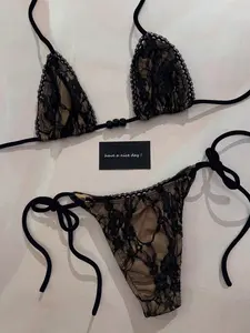 Women's Lace Halter Bikini with Beads, Sexy Casual Swimsuit, Beachwear Swimsuit, Perfect for Summer Beach Vacation and Parties, Bikini Beach Wear