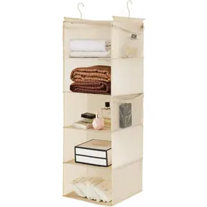 5 Shelf Hanging Closet Organizer, Space Saver, Cloth Hanging Shelves with 4 Side Pockets, Foldable, Beige