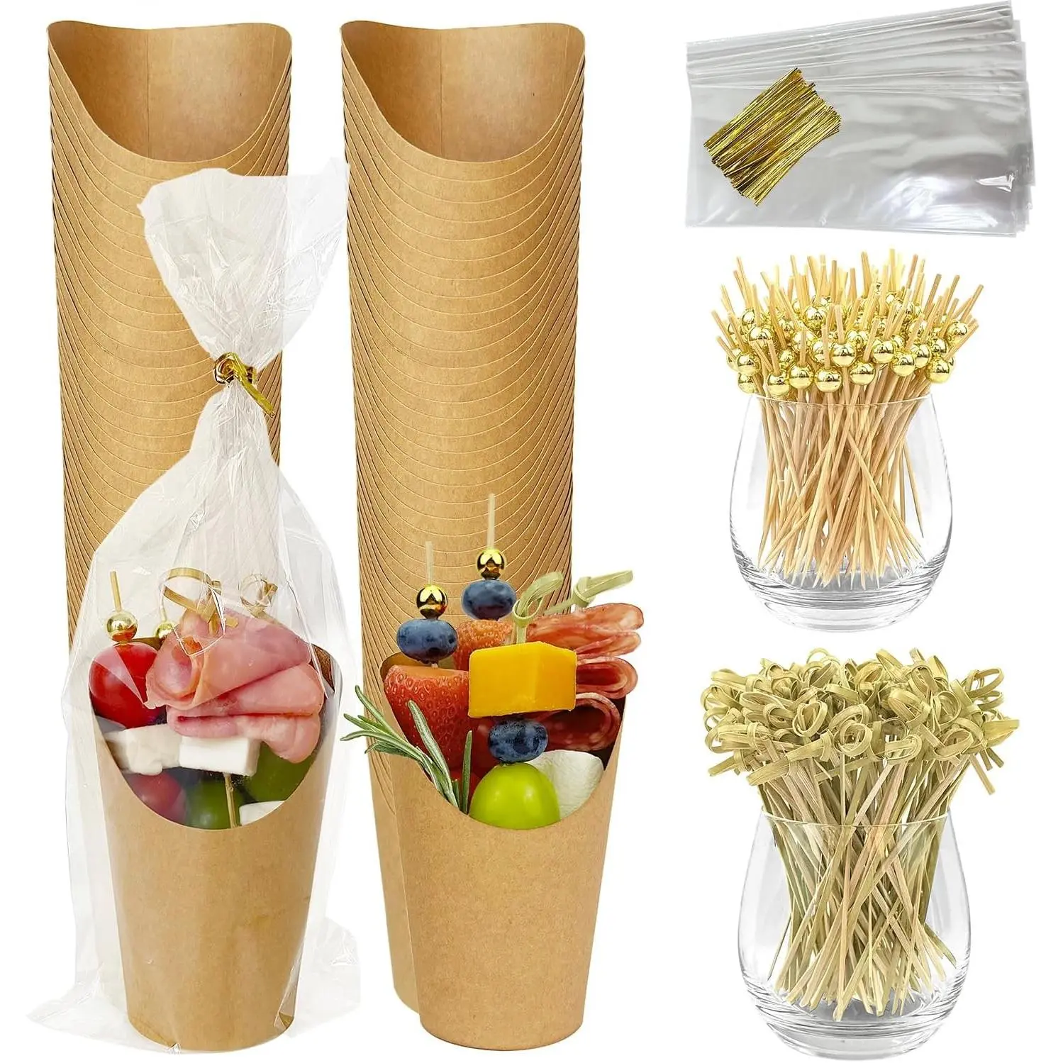 50 Sets Disposable 12 oz Brown Kraft Paper Charcuterie Cups with Bags and Sticks, French Fry Holders, Appetizer Snack Cups with Cocktail Picks Toothpicks (50 Cups+50 Bags+200 Sticks)Gift