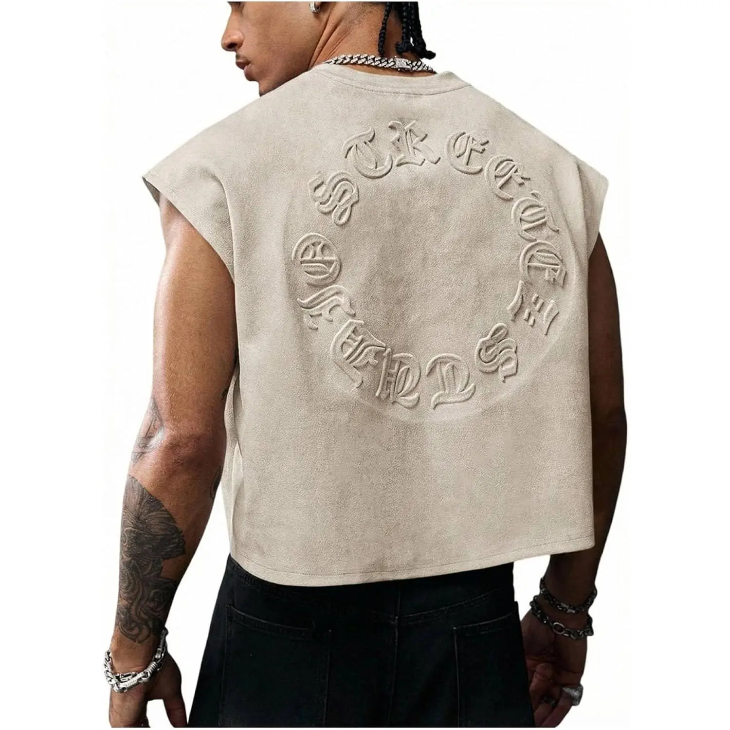 SHENHE Men's Letter Embossed Cropped Tank Top Y2k Sleeveless Crewneck Street Shirts