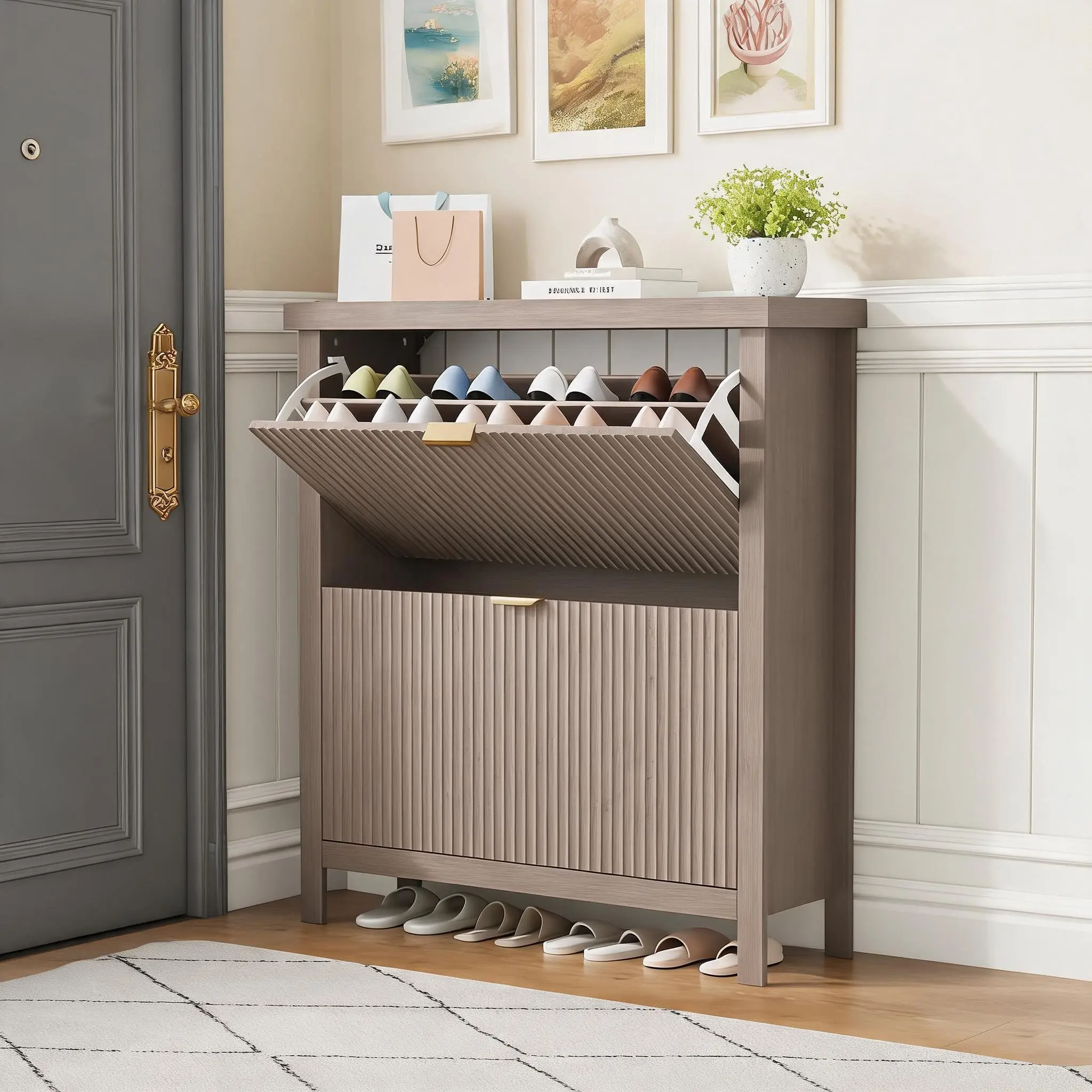 Fluted Narrow Shoe Cabinet for Entryway, 2 Turnover-Down Drawers - Space-Saving Hidden Shoe Organizer with Adjustable Shelves, Freestanding Wood Storage with Gold Handles, Natural Oak (Sophy)