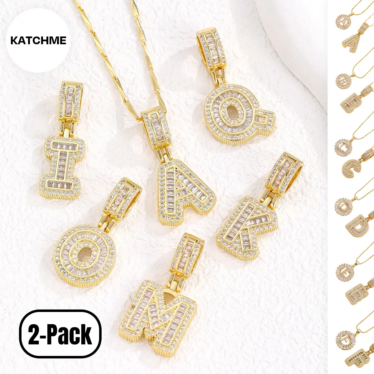 KatchMe Women's Elegant 2-Pack Initial Letter Copper Pendant Necklaces, Rhinestone Stacking Necklace with Adjustable Chain, Basic 2 Set Jewelry Gift