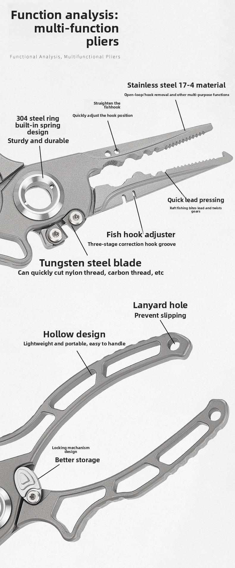 New stainless steel multi-functional fishing pliers for cutting PE line, opening loops, controlling fish, tying hooks, and removing hooks
