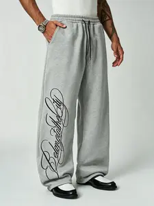 Men's Y2K hip-hop wide-leg sweatpants, loose oversized skate casual trousers with drawstring elastic waist and large-capacity side pockets, vertical cursive signature print design on pant sides, soft stretch comfy solid black loose street pants, viral bot