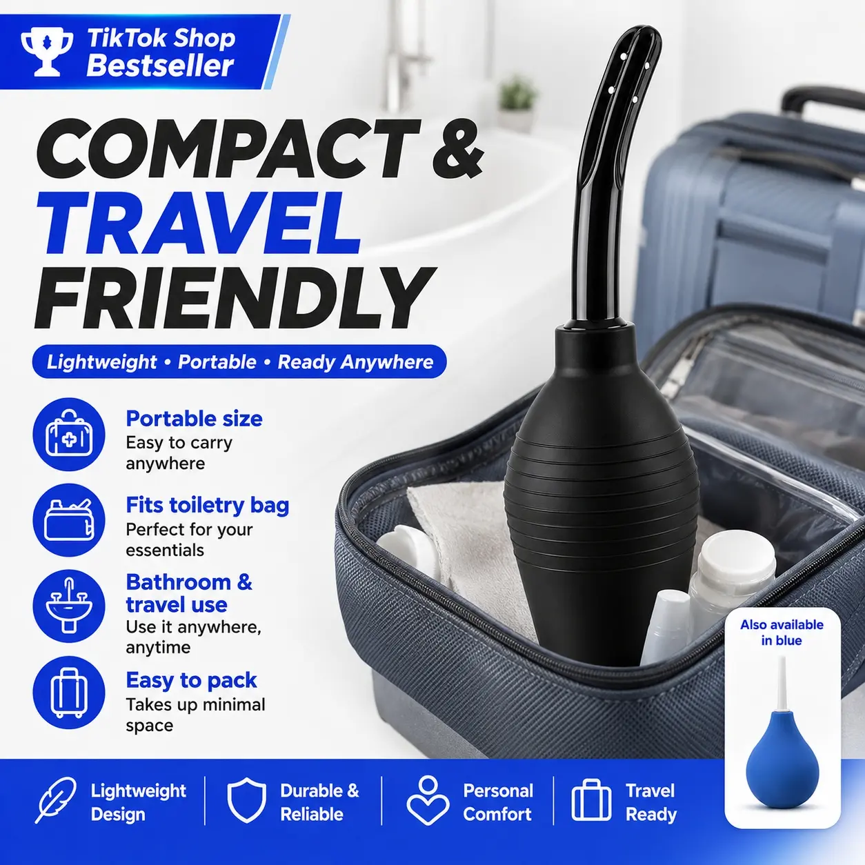 Reusable Silicone Irrigation Bulb, 89ml Compact Personal Hygiene Douche with Flexible Squeeze Body, Slim Tapered Nozzle and Comfortable Grip, Easy-to-Clean Cleansing Bottle for Adults, Men, Women, Home Bathroom, Travel and Everyday Intimate Care