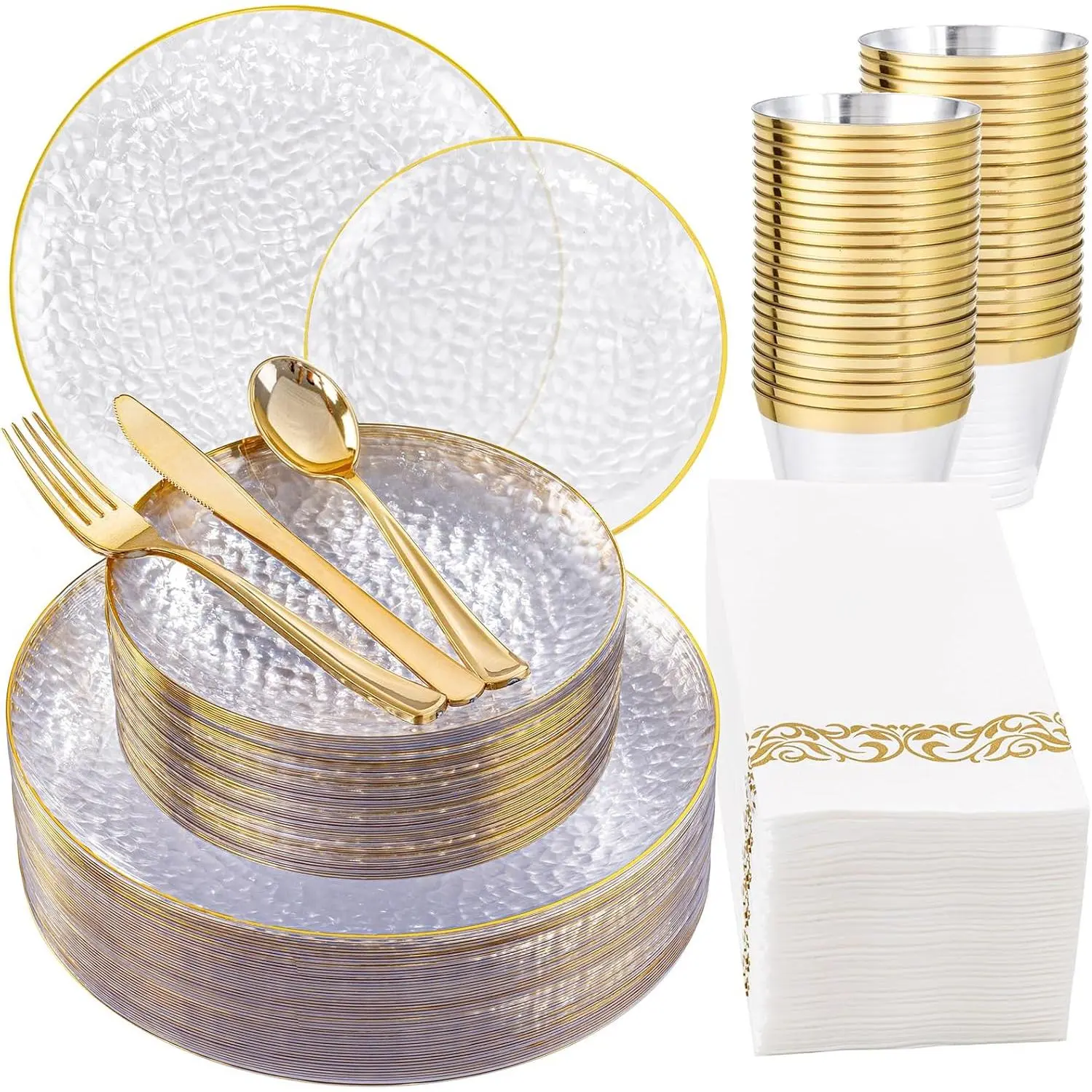 175 count Clear  Plastic Dinnerware Set, Plastic Plates Disposable Hammered Disposable Plates for Party, Include: 25 Dinner Plates 25 Dessert Plates 75  Silverware 25 Napkins 25 Cups