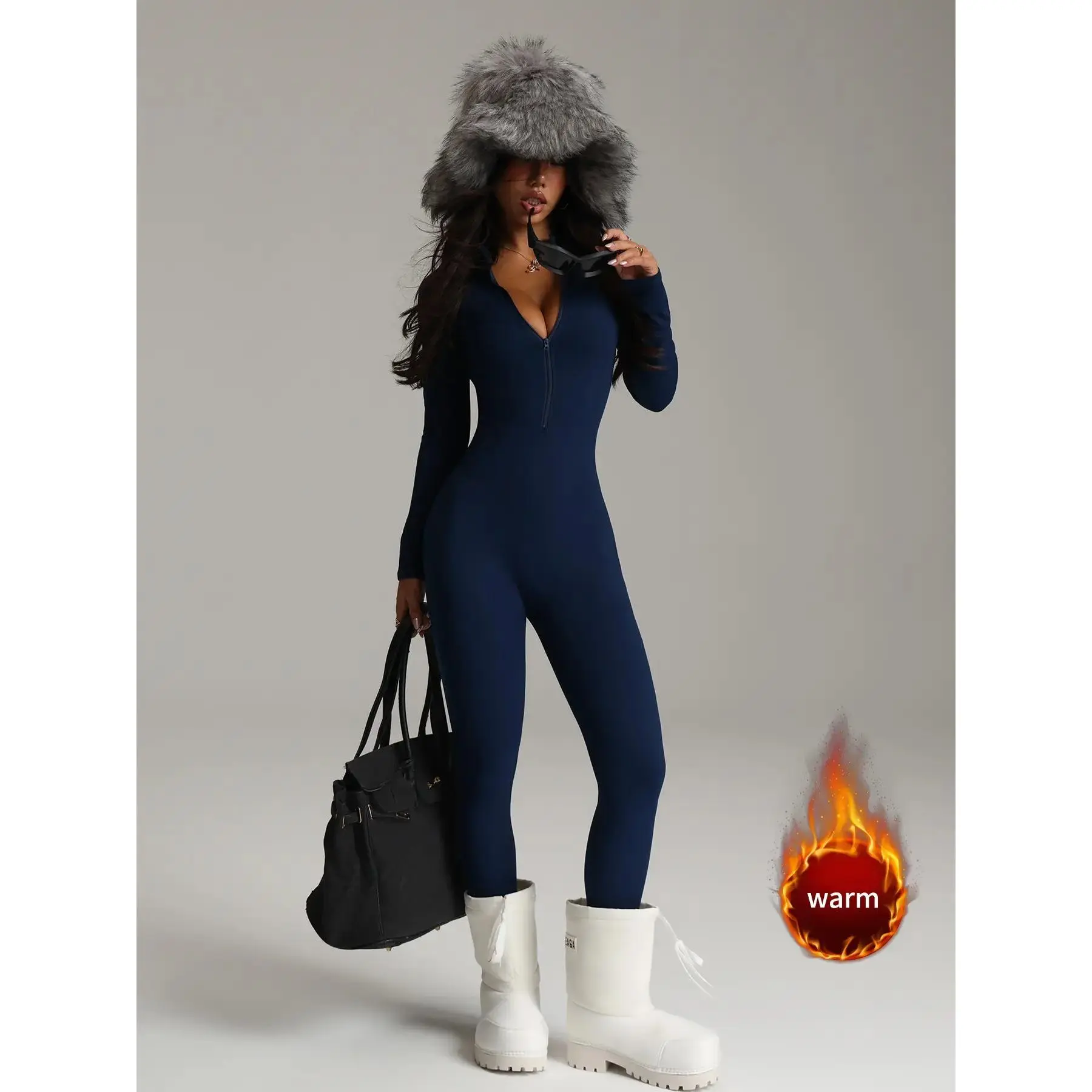 Women's Winter Warm Fleece Bodysuit, Zipper Tight-Fitting Yoga Fitness Dance Cycling Romper, Pilates Training Thermal Suit, Sportswear Jumpsuits, Stretchable Activewear, Workout Jumpsuit, Athletic Jumpsuits