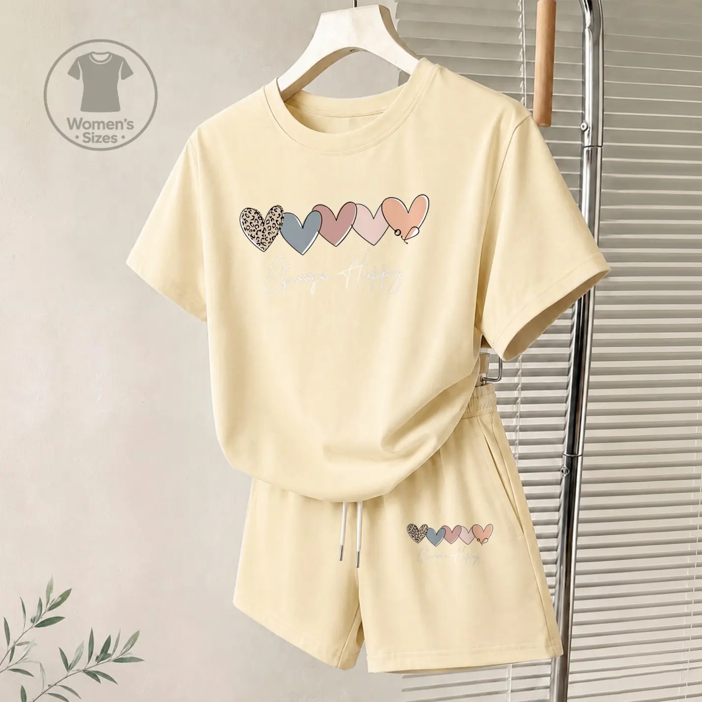 Women’s “Choose Happy” Colorful Heart Graphic Print Casual 2-Piece Shorts Set, Short Sleeve T-Shirt and Drawstring Shorts Outfit, Comfortable Lounge Set for Beach, Vacation, Cruise, Travel, Daily Wear and Summer Casual Style